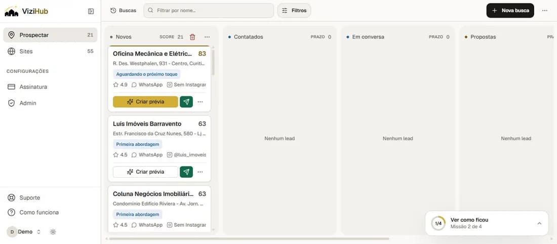 Pipeline real do modo demo com oportunidades locais fictícias