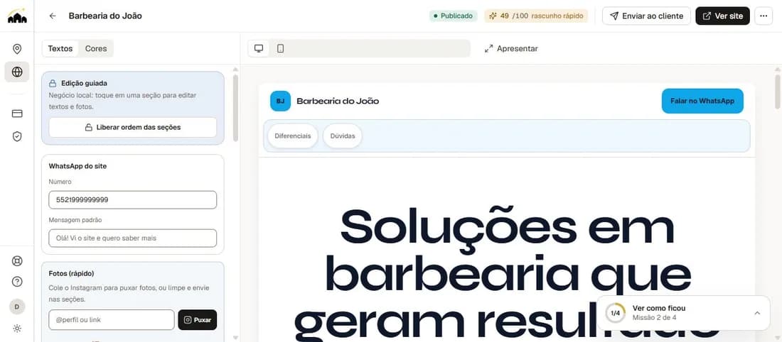 Editor real do ViziHub mostrando um site fictício em criação