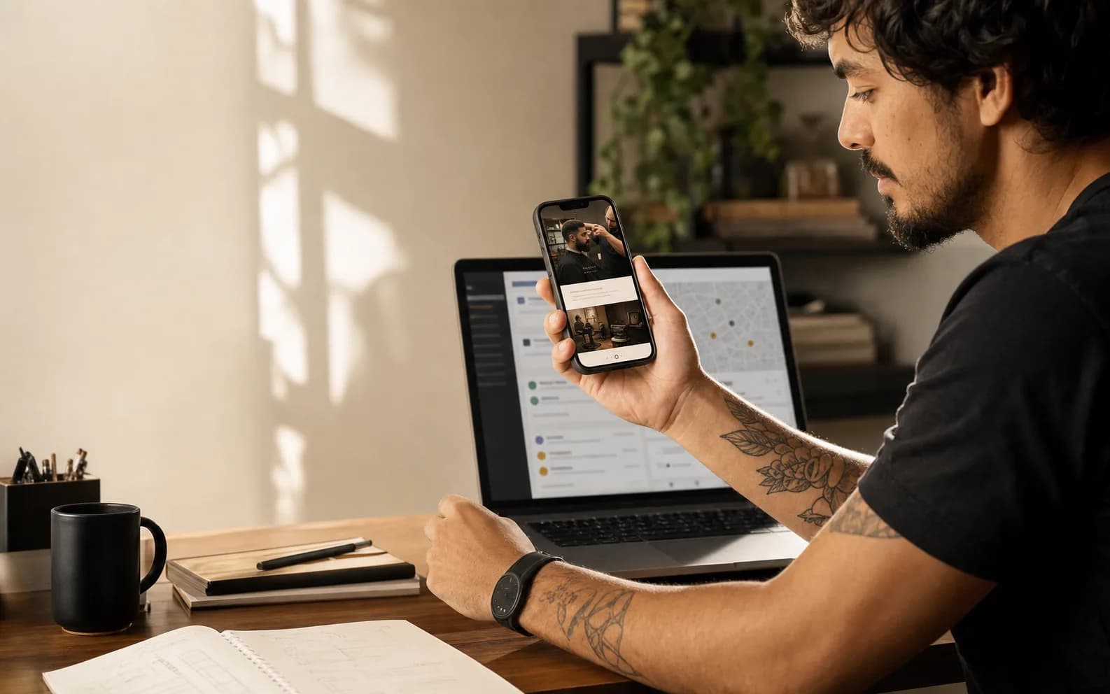 Vendedor mostra no celular a prévia pronta de uma barbearia, com o painel do ViziHub e o mapa de prospecção no notebook ao fundo
